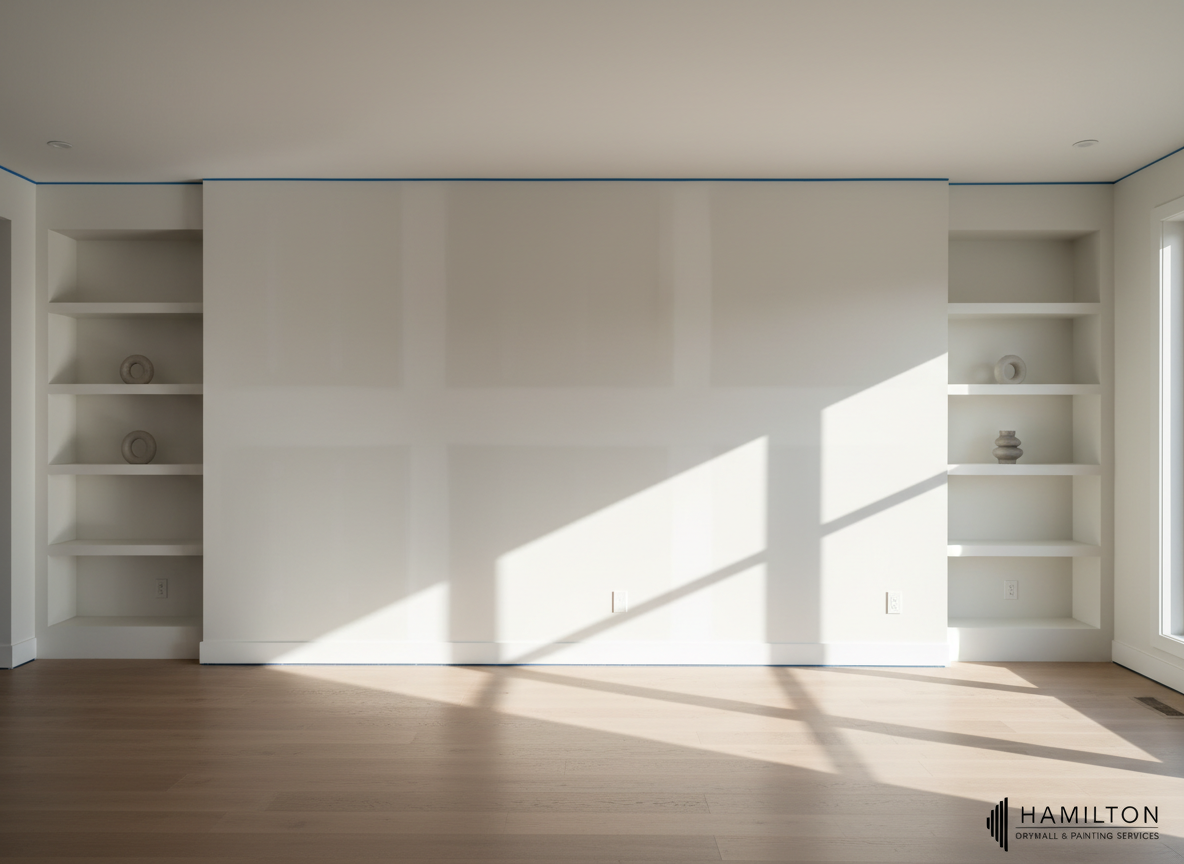 A bright, newly finished drywall installation in a contemporary open-concept living space, showcasing an expansive, unblemished wall with precise corners and perfectly aligned seams. The joints are invisibly blended, and the surface has a uniform primer coat in a pale off-white. A clean painter’s tape line divides the wall from the smooth white ceiling, emphasizing craftsmanship. Natural afternoon light streams in from large windows out of frame, casting soft, linear shadows that enhance the room’s structure. The polished hardwood floor and minimal built-in shelving create a clean, professional setting. Photographic realism, neutral color palette, wide-angle composition emphasizing straight lines and symmetry, conveying reliability, order, and high-quality workmanship for Hamilton drywall and painting services.