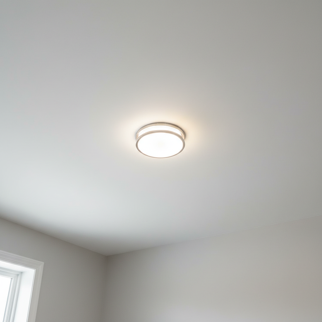 A close-up of a ceiling drywall repair in a Hamilton bungalow, showing a previously patched area now perfectly blended into a smooth, continuous surface. The ceiling is painted in a clean, matte white, intersecting with a light gray wall that meets at a sharp, pristine line. A modern, flush-mount ceiling light casts soft, radial illumination, producing gentle gradients of brightness that highlight the even texture and absence of any visible patch outlines. Photographic realism with a minimalist, corporate aesthetic, captured from a low angle looking upward, moderate depth of field, and a balanced composition that centers on the repaired area while subtly showing the overall neatness of the room.