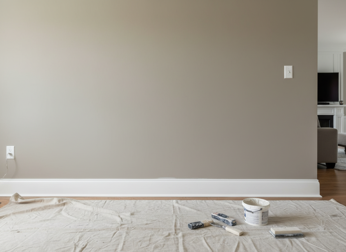 A freshly repaired interior drywall section in a modern Hamilton home, with a perfectly smooth, seamless surface where a large hole once was. The wall is painted in a soft, neutral warm gray, meeting a crisp white baseboard with clean, straight lines. Nearby, a neatly covered floor with protective drop cloths and organized tools rests against the wall, all spotless and orderly. Soft diffused daylight from an unseen window creates gentle, even illumination, revealing the flawless texture and professional finish. Photographic realism with a calm, corporate aesthetic, shot at eye level with sharp focus throughout, balanced composition, and subtle depth to suggest a spacious, well-maintained room ready for final painting touch-ups.