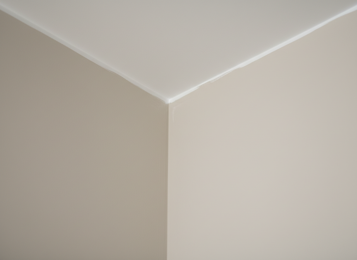 A detailed close-up of a drywall corner repair, highlighting a precisely finished inside corner where two walls meet in a modern Hamilton condo. The corner bead is perfectly concealed beneath smooth joint compound, sanded to a flawless transition with no visible ridges. The walls are coated in a light neutral beige, meeting a matte white ceiling with a sharp, straight paint edge. The scene is lit by bright, diffused ceiling lighting that produces soft, minimal shadows, accentuating the subtle texture of the paint. Photographic realism with a clinical, corporate clarity, captured with a slightly angled macro shot, shallow depth of field focusing on the intersection line, creating a meticulous, technical atmosphere that emphasizes quality drywall craftsmanship.