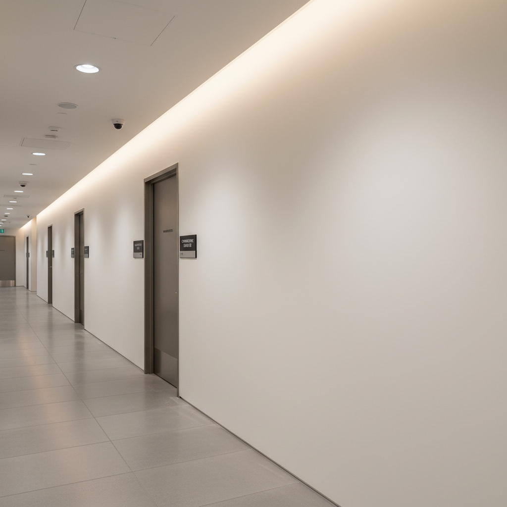An elegant Hamilton office interior with freshly repaired and repainted drywall, focusing on a long corridor wall that appears perfectly smooth and continuous from end to end. The wall is painted in a refined, warm white with a subtle eggshell sheen that catches light gently. Recessed ceiling lights create evenly spaced pools of soft illumination along the hallway, producing faint, consistent shadows that emphasize the straight lines and precise geometry. Stainless steel door frames and minimalist signage punctuate the wall at balanced intervals. Photographic realism, neutral tones, strong linear composition following the corridor’s perspective, conveying a polished, corporate atmosphere that highlights the professionalism of commercial drywall repair and painting services.