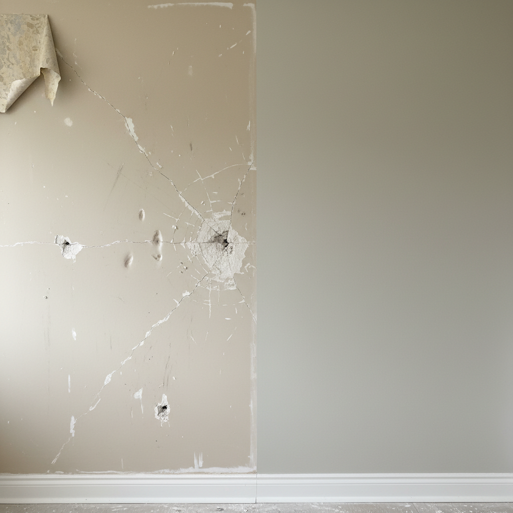 A before-and-after split wall in a Hamilton home, with the left half showing a damaged drywall section featuring cracks, dents, and small holes, and the right half displaying the same area flawlessly repaired and freshly painted. The right side is smooth, with uniform color in a light greige, while the left retains scuffs and exposed gypsum. A simple white baseboard runs continuously across both sides, emphasizing the transformation. Soft natural daylight from a nearby window gently washes over the surface, enhancing the contrast between rough and refined. Photographic realism, shot straight-on at eye level with a symmetrical, centered composition. The mood is reassuring and professional, clearly demonstrating the value of expert drywall repair and finishing.