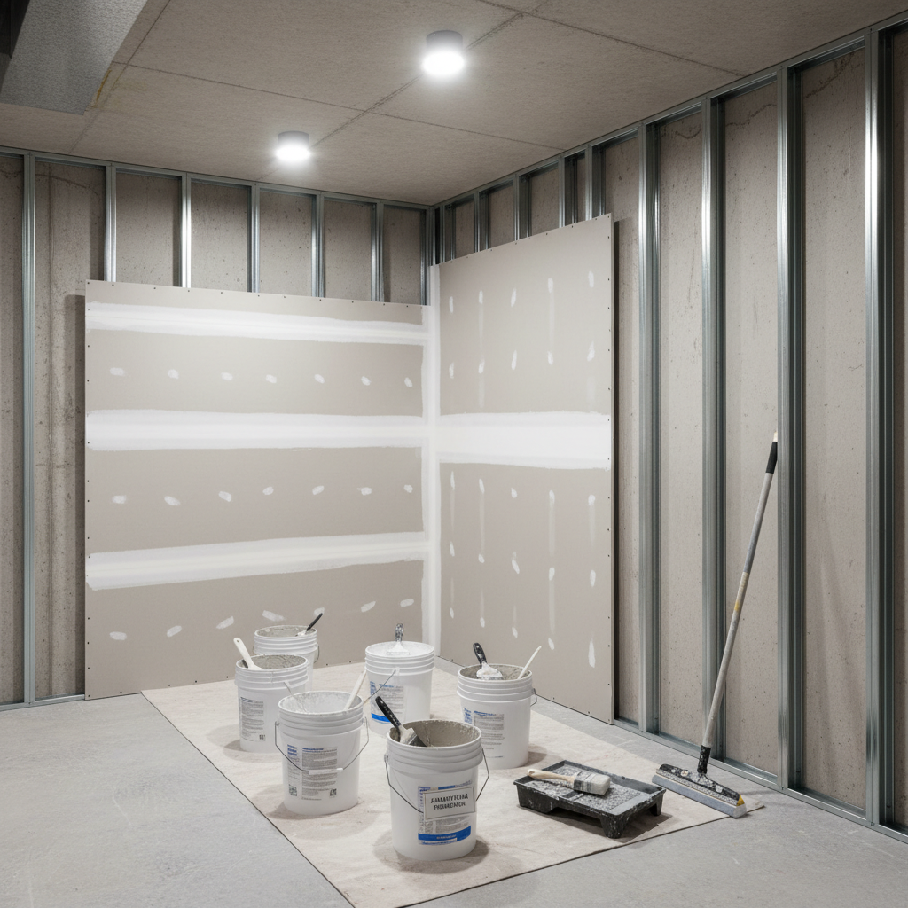 A professional drywall and painting workspace set up in an unfinished Hamilton basement, featuring partially installed drywall sheets fastened to clean metal studs. One wall shows neatly taped seams and carefully applied first-coat joint compound, while another section remains bare, illustrating the installation process. Buckets of joint compound, a sanding pole, and paint rollers are arranged systematically on a protected concrete floor. Overhead LED work lights provide bright, even illumination with cool, neutral tones, casting crisp but controlled shadows that emphasize structure and progress. Photographic realism with a clean, organized, corporate aesthetic, shot from a slightly elevated angle to capture the entire working area, showcasing both the current state and the professional path toward a finished, painted space.